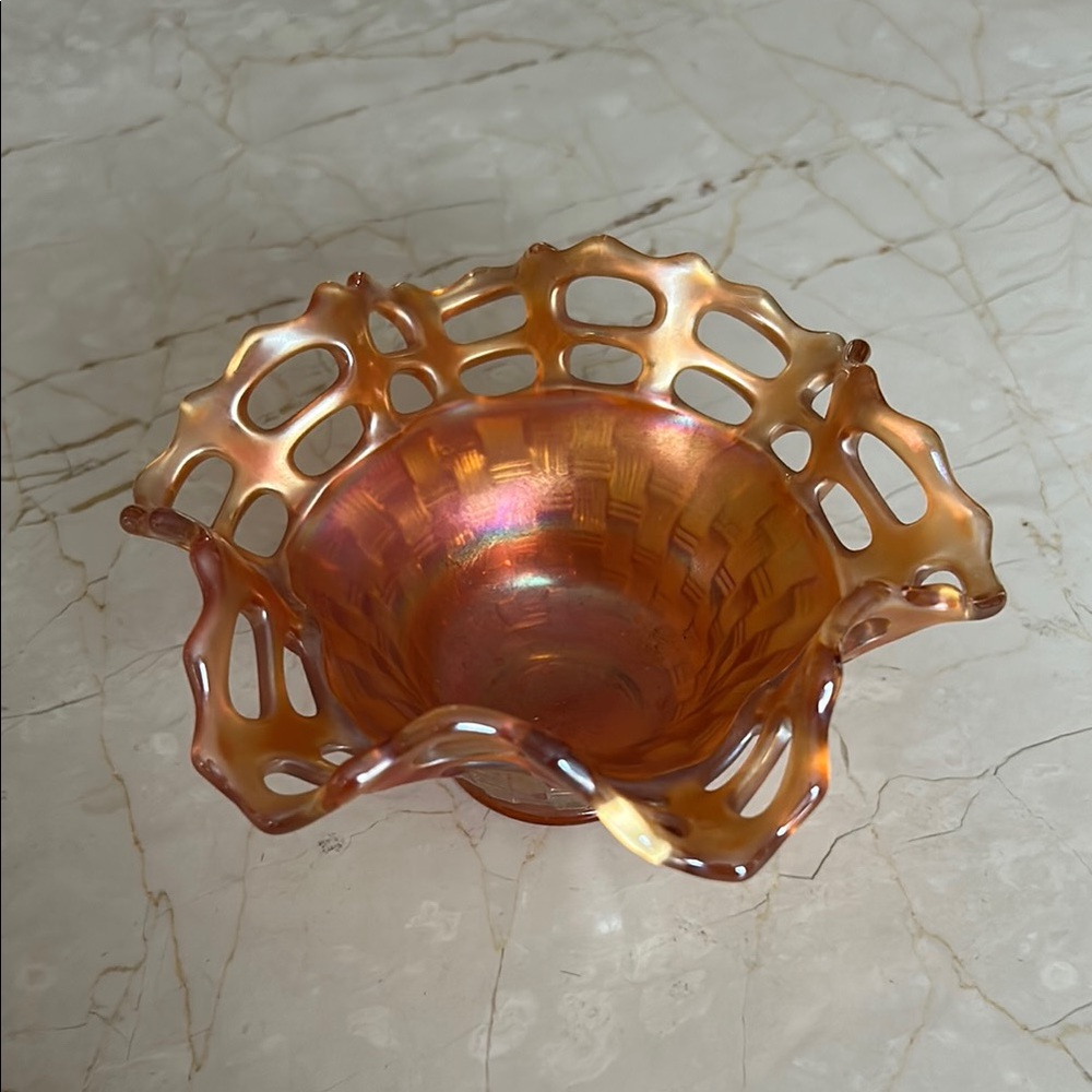 FENTON Carnival Glass Marigold Basket Weave Candy Dish
